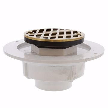 Picture of 2" PVC Shower Drain with 2" Plastic Spud and 4" Round Polished Brass Cast Strainer with Grout Ring