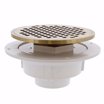 Picture of 2" PVC Shower Drain with 2" Brass Spud and 6" Round Polished Brass Strainer