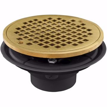 Picture of 2" x 3" PVC Shower Drain with 2" Brass Spud and 6" Round Polished Brass Strainer