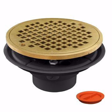 Picture of 2" x 3" PVC Shower Drain with 2" Brass Spud and 6" Round Polished Brass Strainer with Test Plug