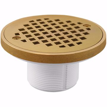 Picture of 2" PVC IPS Plastic Spud with 4" Polished Brass Round Strainer with Ring