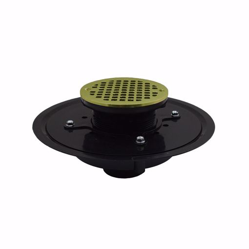 Picture of 4" Heavy Duty ABS Drain Base with 3-1/2" Plastic Spud and 6" Polished Brass Strainer