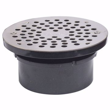 Picture of 4" ABS Hub Fit Drain Base with 3-1/2" Plastic Spud and 6" Stainless Steel Strainer