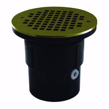 Picture of 3" x 4" ABS Pipe Fit Drain Base with 3-1/2" Plastic Spud and 6" Polished Brass Strainer