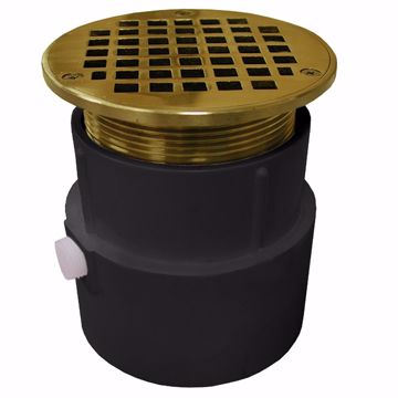 Picture of 4" PVC Over Pipe Fit Drain Base with 3-1/2" Metal Spud and 5" Polished Brass Strainer