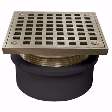 Picture of 4" PVC Hub Fit Drain Base with 3-1/2" Metal Spud and 5" Nickel Bronze Strainer