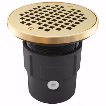 Picture of 3" x 4" PVC Pipe Fit Drain Base with 3-1/2" Plastic Spud and 6" Polished Brass Strainer with Ring