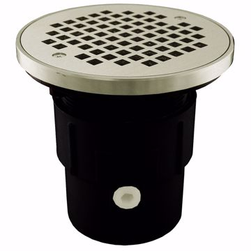Picture of 3" x 4" ABS Pipe Fit Drain Base with 3-1/2" Plastic Spud and 6" Nickel Bronze Strainer with Ring
