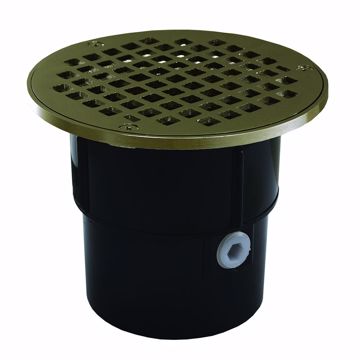 Picture of 3" x 4" ABS Pipe Fit Drain Base with 3-1/2" Metal Spud and 6" Nickel Bronze Strainer