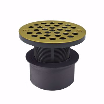 Picture of 3" PVC Inside Pipe Fit Drain Base with 2" Plastic Spud and 4" Polished Brass Stamped Strainer