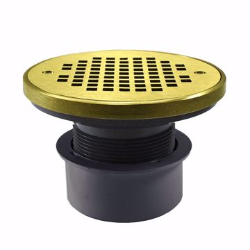 Picture of 3" PVC Inside Pipe Fit Drain Base with 2" Plastic Spud and 4" Polished Brass Strainer with Ring
