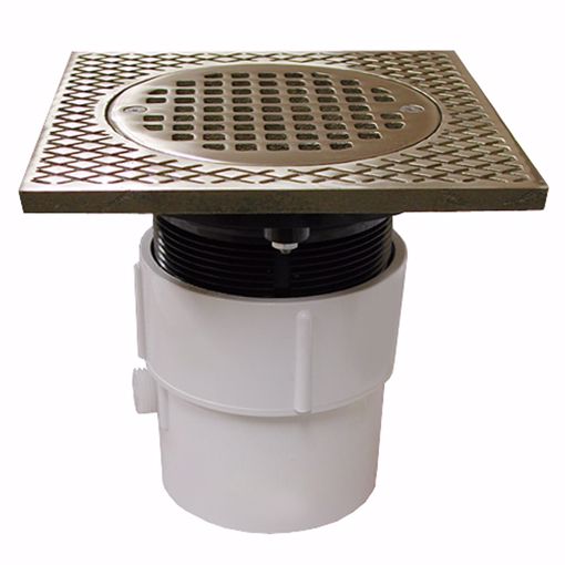 Picture of 3" x 4" PVC Pipe Fit Drain Base with 3-1/2" Plastic Spud and 5" Nickel Bronze Strainer