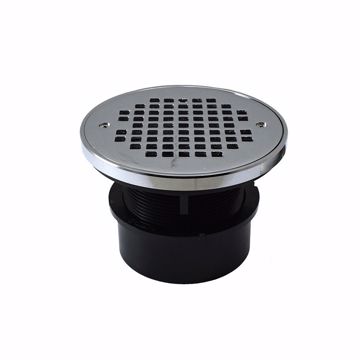 Picture of 4" ABS Hub Fit Drain Base with 3-1/2" Plastic Spud and 6" Chrome Plated Strainer with Ring