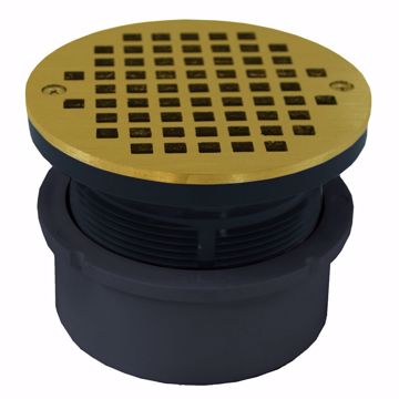 Picture of 4" PVC Hub Fit Drain Base with 3-1/2" Plastic Spud and 5" Polished Brass Strainer