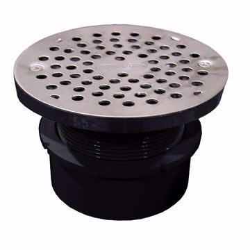 Picture of 4" ABS Hub Fit Drain Base with 3-1/2" Plastic Spud and 5" Stainless Steel Strainer