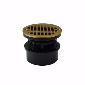 Picture of 4" ABS Hub Fit Drain Base with 3-1/2" Plastic Spud and 5" Polished Brass Strainer