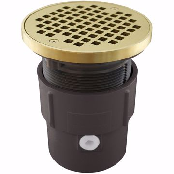 Picture of 3" x 4" PVC Pipe Fit Drain Base with 3-1/2" Plastic Spud and 5" Polished Brass Strainer with Ring
