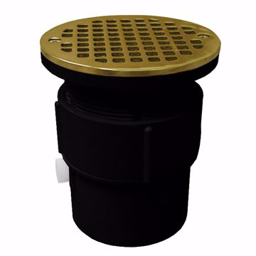 Picture of 3" x 4" ABS Pipe Fit Drain Base with 3-1/2" Plastic Spud and 5" Polished Brass Strainer ABS
