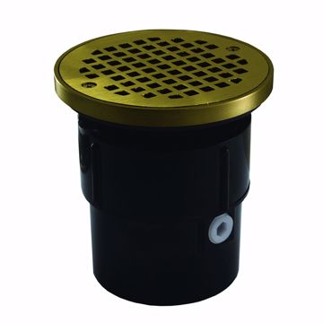 Picture of 3" x 4" ABS Pipe Fit Drain Base with 3-1/2" Plastic Spud and 5" Polished Brass Strainer with Ring