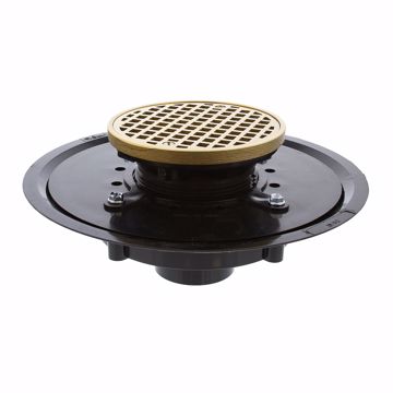 Picture of 2" Heavy Duty ABS Drain Base with 3-1/2" Plastic Spud and 5" Polished Brass Strainer with Ring