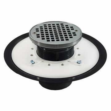 Picture of 3" Heavy Duty PVC Drain Base with 3-1/2" Plastic Spud and 5" Chrome Plated Strainer with Ring