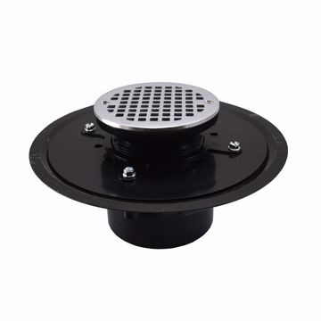 Picture of 4" Heavy Duty ABS Drain Base with 3-1/2" Plastic Spud and 5" Chrome Plated Strainer