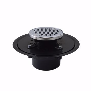 Picture of 4" Heavy Duty ABS Drain Base with 3-1/2" Plastic Spud and 5" Chrome Plated Strainer with Ring