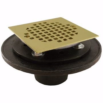 Picture of 2" Inside Caulk Shower/Floor Drain with 6-1/2" Pan and 4" Polished Brass Cast Square Strainer