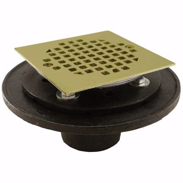 Picture of 2" No Hub Shower/Floor Drain with 6-1/2" Pan and 4" Polished Brass Cast Square Strainer