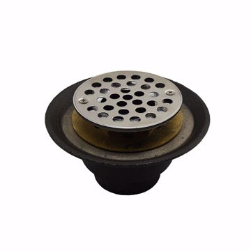 Picture of 2" IPS Shower Drain with Brass Threaded Clamping Ring with Brass Spud, 6-1/2" Pan and 4" Stainless Steel Round Strainer