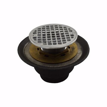 Picture of 2" IPS Shower Drain with Brass Threaded Clamping Ring with Brass Spud, 6-1/2" Pan and 6" Polished Brass Round Cast Strainer