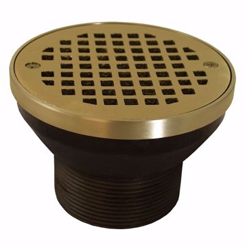 Picture of 3-1/2" IPS Cast Iron Spud for Heavy Duty Drain Bodies with 6" Polished Brass Round Strainer with Ring - 3" Threaded Throat