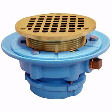 Picture of 2" No Caulk Mechanical Joint Code Blue Floor Drain with 7" Pan and 5" Polished Brass Round Strainer - Height 4" - 5"