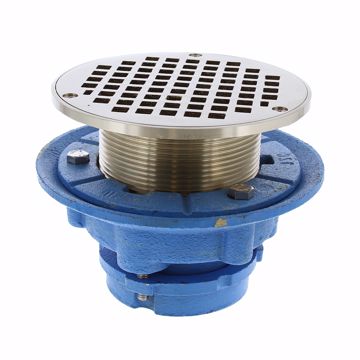 Picture of 2" No Caulk Mechanical Joint Code Blue Floor Drain with 7" Pan and 6" Nickel Bronze Round Strainer - Height 4-1/4" - 5-1/4"
