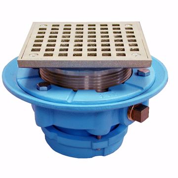 Picture of 2" No Caulk Mechanical Joint Code Blue Floor Drain with 7" Pan and 5" Nickel Bronze Square Strainer - Height 4-1/4" - 5-1/4"