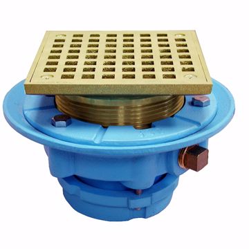 Picture of 2" No Caulk Mechanical Joint Code Blue Floor Drain with 7" Pan and 5" Polished Brass Square Strainer - Height 4-1/4" - 5-1/4"
