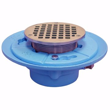 Picture of 2" No Hub Code Blue Floor Drain with 7" Pan and 5" Polished Brass Round Strainer - Height 2-7/8" - 4-1/2"
