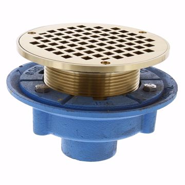 Picture of 2" No Hub Code Blue Floor Drain with 7" Pan and 6" Polished Brass Round Strainer - Height 4" - 5-1/4"