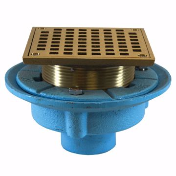 Picture of 2" No Hub Code Blue Floor Drain with 7" Pan and 5" Nickel Bronze Square Strainer - Height 3-1/4" - 5-1/4"