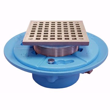Picture of 2" No Hub Code Blue Floor Drain with 7" Pan and 6" Nickel Bronze Square Strainer - Height 4" - 5-1/4"