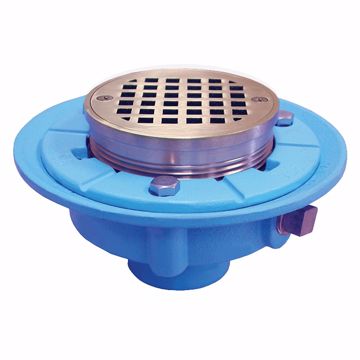 Picture of 4" No Hub Code Blue Floor Drain with 7" Pan and 5" Polished Brass Round Strainer - Height 3-1/2" - 4-3/4"