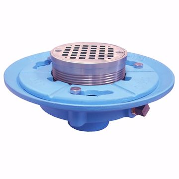 Picture of 2" IPS Code Blue Floor Drain with 7" Pan and 5" Nickel Bronze Round Strainer - Height 2-7/8" - 4-1/2"