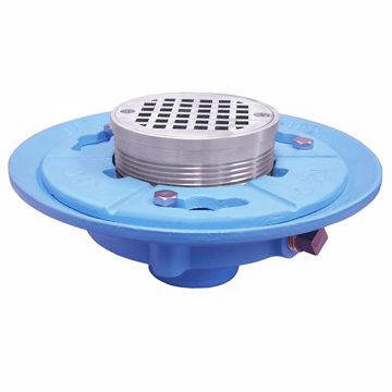 Picture of 2" IPS Code Blue Floor Drain with 7" Pan and 5" Chrome Plated Round Strainer - Height 2-7/8" - 4-1/2"