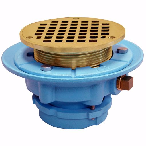 Picture of 4" No Caulk Mechanical Joint Code Blue Floor Drain with 9" Pan and 6" Polished Brass Round Strainer - Height 3-5/8" - 5-5/8"