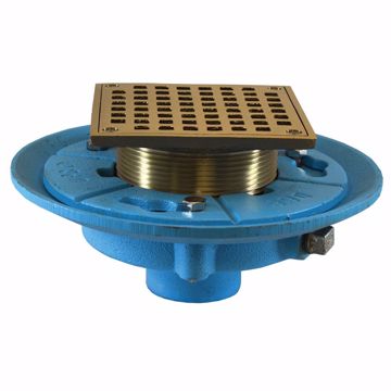 Picture of 2" No Hub Code Blue Floor Drain with 9" Pan and 5" Nickel Bronze Square Strainer - Height 3-7/8" - 5-7/8"