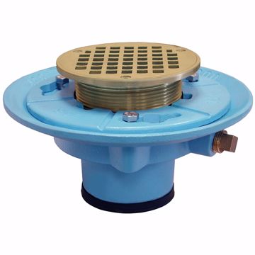 Picture of 4" Push On Code Blue Floor Drain 9" Pan and 4" Polished Brass Round Strainer- Height 4-3/4" - 5-1/2"