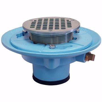 Picture of 4" Push On Code Blue Floor Drain 9" Pan and 5" Chrome Plated Round Strainer- Height 4-3/4" - 5-5/8"