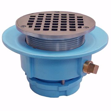 Picture of 2" No Caulk Mechanical Joint Code Blue Slab Drain with 7" Pan and 6" Nickel Bronze Round Strainer - Height 3-3/4" - 5-1/8"