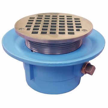 Picture of 2" No Hub Code Blue Slab Drain with 7" Pan and 4" Polished Brass Round Strainer - Height 3-5/8" - 4-3/4"
