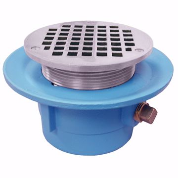 Picture of 2" No Hub Code Blue Slab Drain with 7" Pan and 5" Chrome Plated Round Strainer - Height 3-1/2" - 4-7/8"